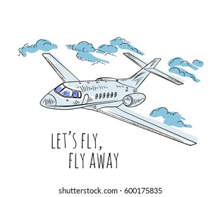 Airplane sketch. Hand drawn illustration for your design: tickets, t-shirt. 