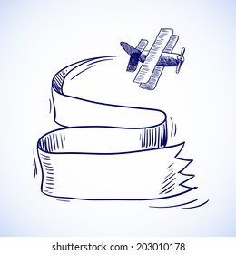 Airplane sketch icon poster with hand drawn blank ribbon vector illustration