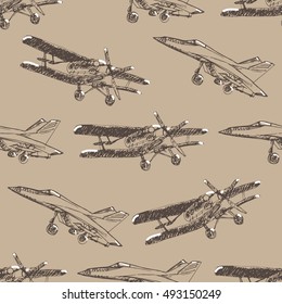 Airplane sketch seamless pattern. Hand drawn illustration for your design: tickets, t-shirt