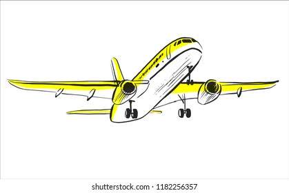 Airplane sketch in sky. Aircraft in minimalistic style with colored accents sunlight on plane. Hand draw line art. Vector isolated illustration. Use as icon sticker symbol poster card sign.