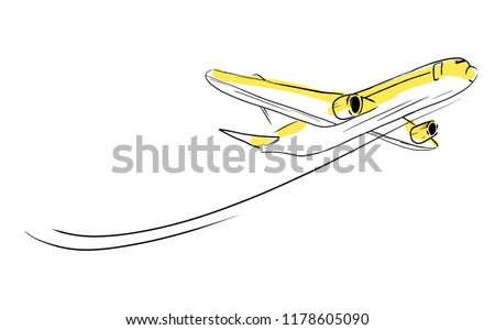 Airplane sketch skyward in sky. Aircraft in minimalistic style with colored accents sunlight on plane. Hand draw line art. Vector isolated illustration. Use as icon sticker symbol poster card sign.