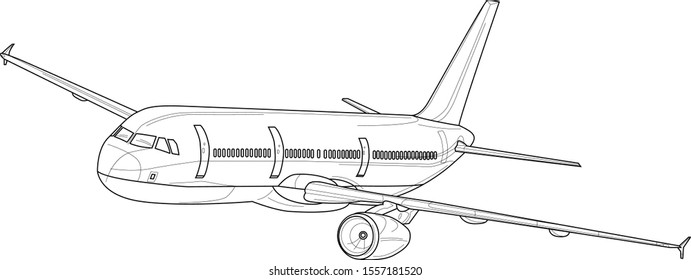 Airplane sketch. Vector illustration in black and white. Coloring paper, page, book