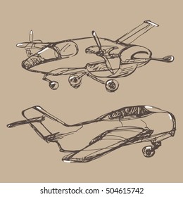 Airplane sketches set. Hand drawn illustration for your design: tickets, t-shirt