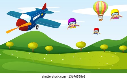Ilustración de la actividad del avión y del cielo