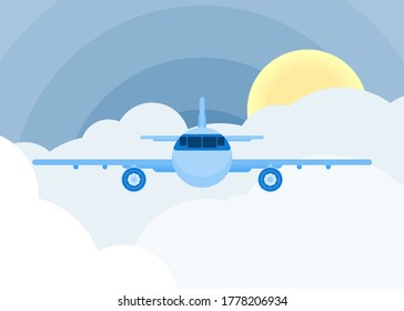 Flugzeug am Himmel zwischen Wolken. Flachbildvektor