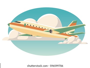 Airplane in the sky between clouds traveling vector illustration