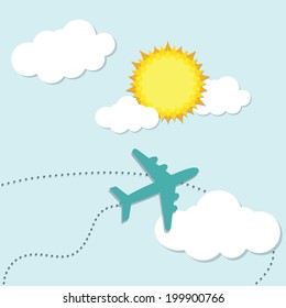 Airplane in the sky between sun and clouds, travel infographics template 