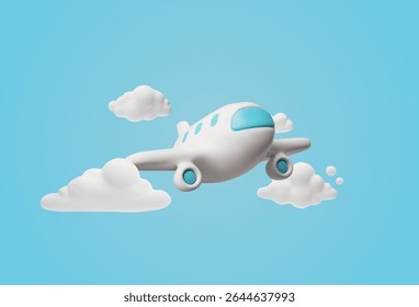 Airplane in the sky with clouds. 3D cartoon plastic style vector illustration. White commercial jet airplane isolated on white background. Realistic passenger plane. Air transport