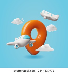 Airplane in the sky with clouds and destination mark. 3D cartoon plastic style vector illustration. White commercial jet airplane on blue background. Realistic passenger plane. Air transport