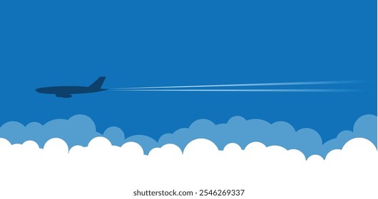 Airplane in the Sky with Clouds Flat Style. Transportation means, vehicles and traveling concept vector