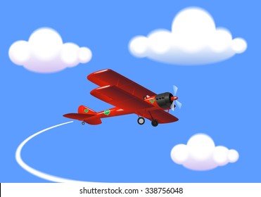 Airplane in the sky with the clouds. Old styled red biplane