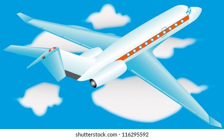 Airplane in a sky with clouds. Passenger jet aircraft flying in blue sky with clouds, eps10