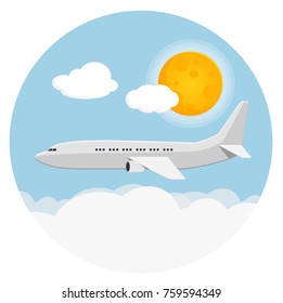 airplane with sky, clouds, sun flat design icon