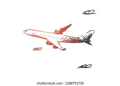 Airplane, sky, flight, transport, trip concept. Hand drawn airplane flying in the sky concept sketch. Isolated vector illustration.