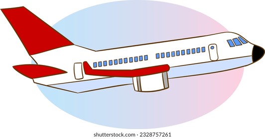 Airplane in sky. Flying civil aircraft transport in clouds vector flat background. Plane fly sin sky clouds, airplane flight transportation illustration