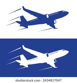 Airplane in sky icon. Plane silhouette on transparent and blue background