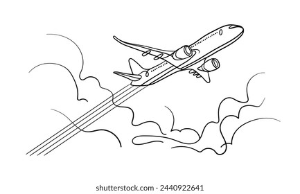 Airplane in sky line art drawing isolated on white background. Traveling. Black and white vector illustration