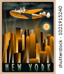 Airplane in the sky over New York at night. Handmade drawing vector illustration. Art Deco Style.