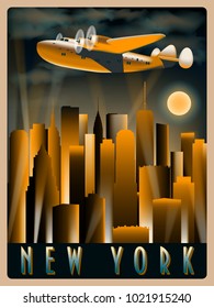 Airplane in the sky over New York at night. Handmade drawing vector illustration. Art Deco Style.