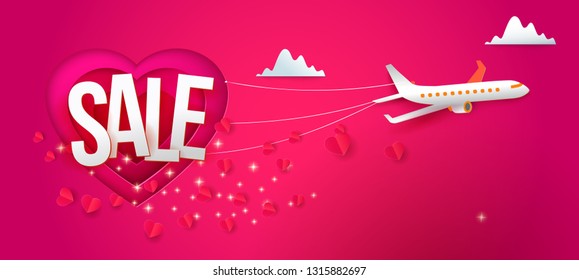Airplane in sky with paper art cut out heart layers and Sale text offer. Concept for travel discount service. Vector illustration. Creative idea