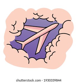 Airplane in the sky. Plane in the clouds. Cartoon vector illustration