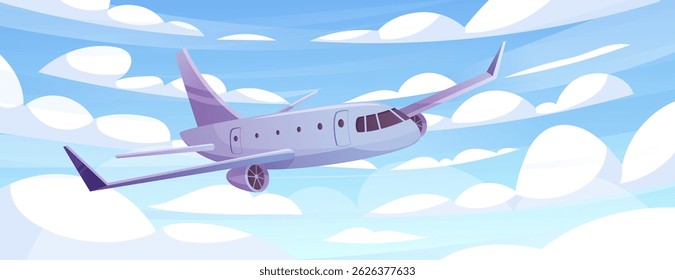 Avión en el cielo. Concepto de la mosca del avión. Viaje en avión. Cartoon 3D turismo. Aeropuerto de entrega. Transporte por aire. Paseo aéreo. Fuselaje del avión de pasajeros. Avión a reacción. Vector de vuelo de transporte chillón