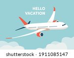 Airplane in the sky. The plane is flying between the clouds. Flat illustration