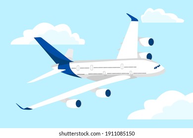 Airplane in the sky. The plane is flying between the clouds. Flat illustration