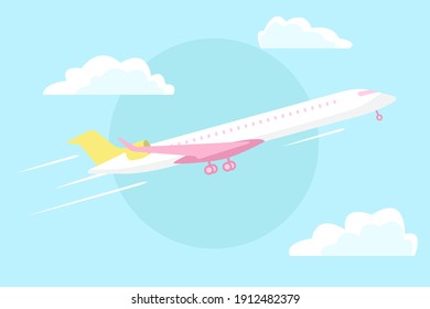 Airplane in the sky. The plane is flying between the clouds. Flat illustration