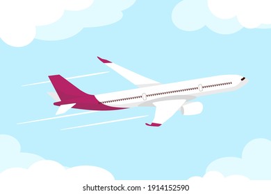 Airplane in the sky. The plane is flying between the clouds. Flat illustration