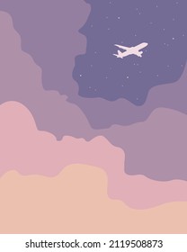 Airplane in the sky. The plane is flying between the clouds. Flat illustration. Soft pastel glow cloud, plane and sunset. Sky with clouds and a plane taking off.