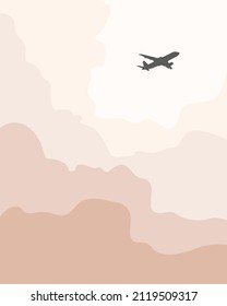 Airplane in the sky. The plane is flying between the clouds. Flat illustration. Soft pastel glow cloud, plane and sunset. Sky with clouds and a plane taking off.