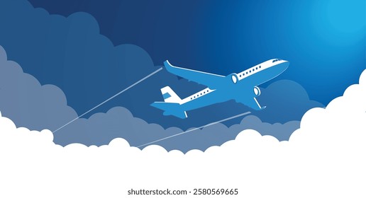 Airplane in the sky rises through the clouds to the sun. Vector blue cartoon background