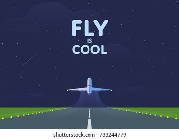 Airplane in the sky, runway and take-off plane. Starry night sky. Vector illustration.