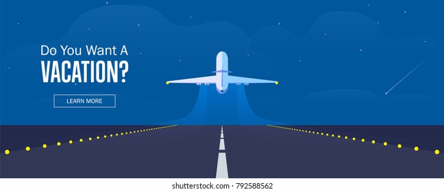 Airplane in the sky, runway and take-off plane. Banner or flyer for travel and vacation design. Starry night sky. Vector illustration.