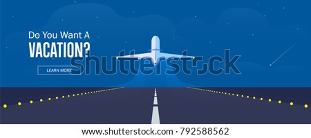 Airplane in the sky, runway and take-off plane. Banner or flyer for travel and vacation design. Starry night sky. Vector illustration.