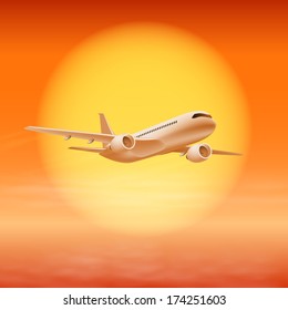 Airplane in the sky with sun in sunset time. EPS10 vector.