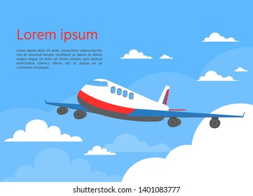 Airplane in sky. Travel concept. Vector illustration. Plane with clouds of the blu  sky. 