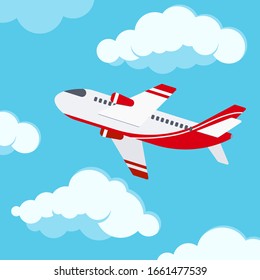 Airplane in the sky vector illustration. Flat design cartoon style travel or vacation concept of modern red and white color passenger plane flying through clouds. Charter, commercial tourist flight 