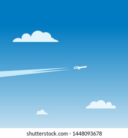 airplane in the sky, white trails, clouds, vector illustration 