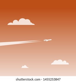 airplane in the sky, white trails, clouds, sunrise or sunset, vector illustration 