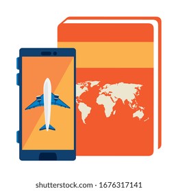 airplane in smartphone with atlas book vector illustration design