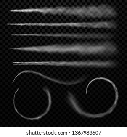 Fumar avión. Camino de aviones, pistas de nubes y nubes de vapor de pista de aviación. Nube del sendero de humo del avión, pista de vuelo del cohete o vapor de chorro. Conjunto de signos aislados de vectores