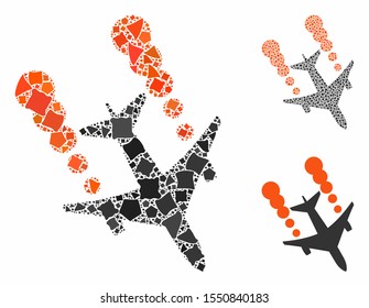 Airplane smoke trace composition of bumpy pieces in different sizes and color hues, based on airplane smoke trace icon. Vector tremulant dots are united into collage.