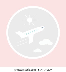 Airplane soaring into the sky flat illustration in circle in pastel colors .Travel consept.