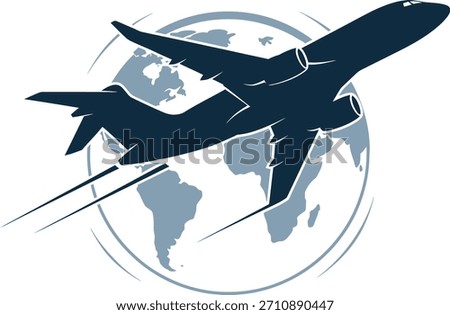 Airplane soars around a stylized world globe representing international travel business ventures and the spirit of exploration symbolizing freedom and adventure in a modern design.