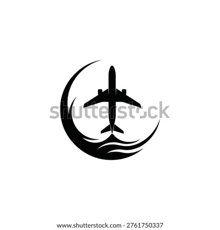 Airplane soars through crescent moon shape over wavy lines