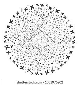 Airplane spiral twist. Object cluster done from random airplane items. Vector illustration style is flat iconic symbols.