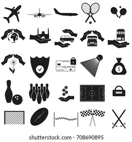 Airplane, sport, protection set Vector black icon on white
