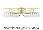 Airplane spraying fertilize, agricultural farming machinery. Chemical fertilizers spraying with crop duster plane on the field. Vector cartoon illustration isolated. Rural industrial farm equipment